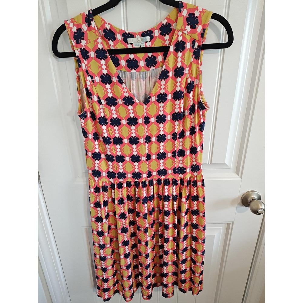 Boden Womens V-Neck Jersey Dress Pink Yellow Geometric Clover Print Size 8R